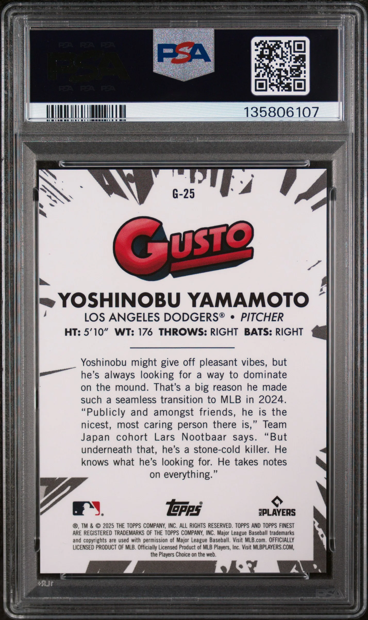 2025 Topps Finest Gusto Yoshinobu Yamamoto #G25 PSA 10 - Image 2