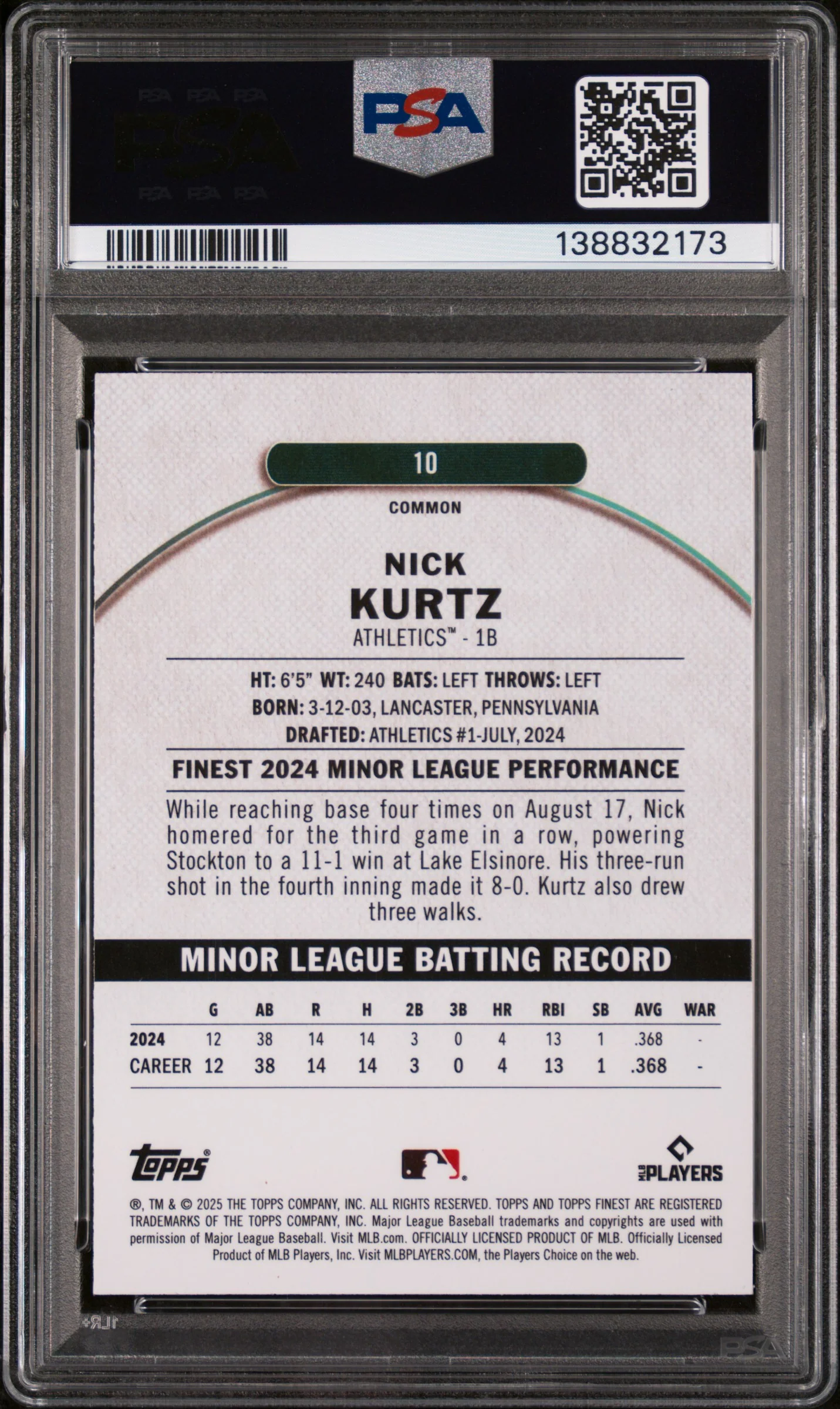 2025 Topps Finest Magenta Refractor Nick Kurtz #10 /350 PSA 7 - Image 2