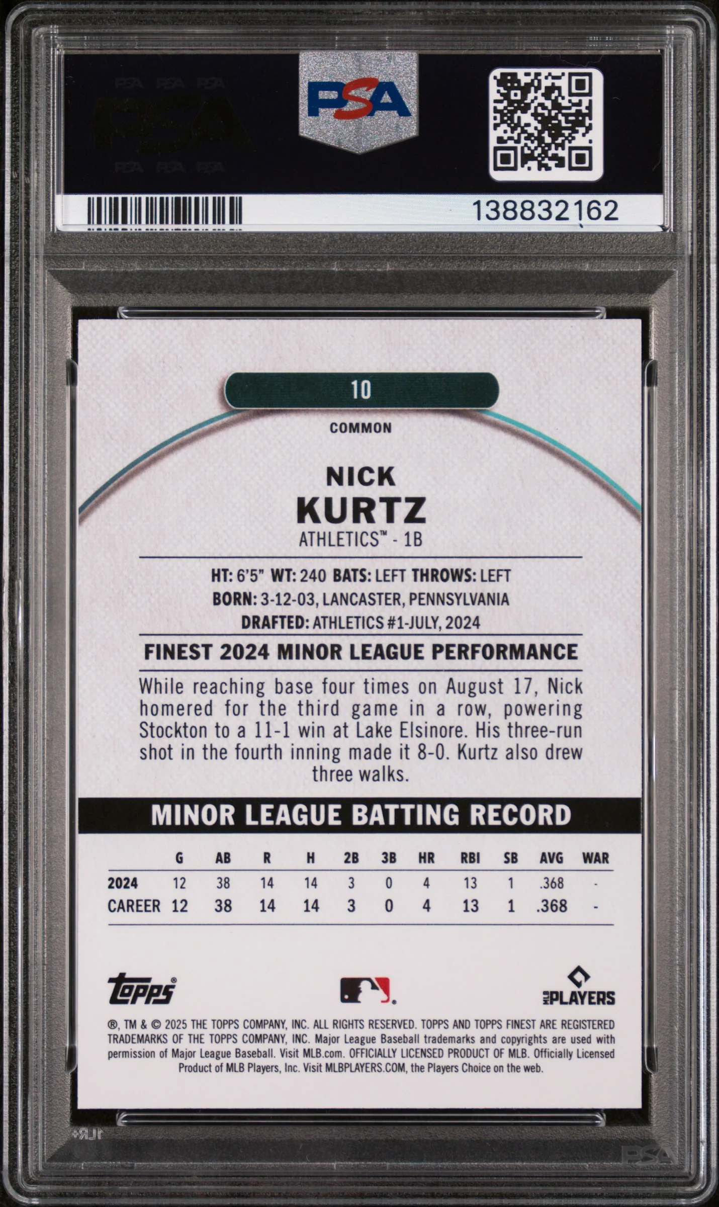 2025 Topps Finest Oil Spill Refractor Nick Kurtz #10 PSA 10 - Image 2