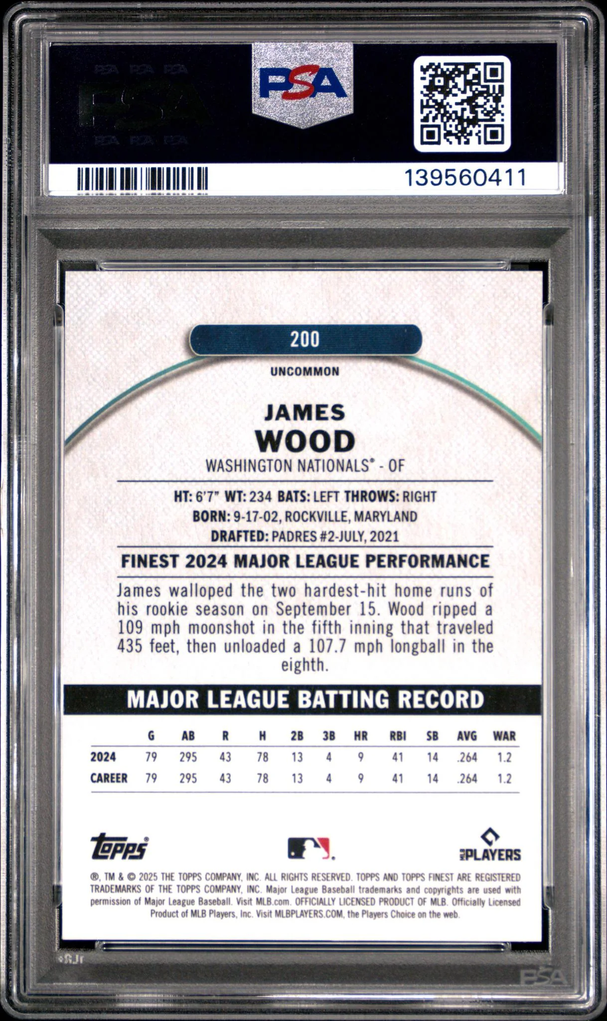 2025 Topps Finest Purple Checkerboard James Wood #200 /99 PSA 9 - Image 2