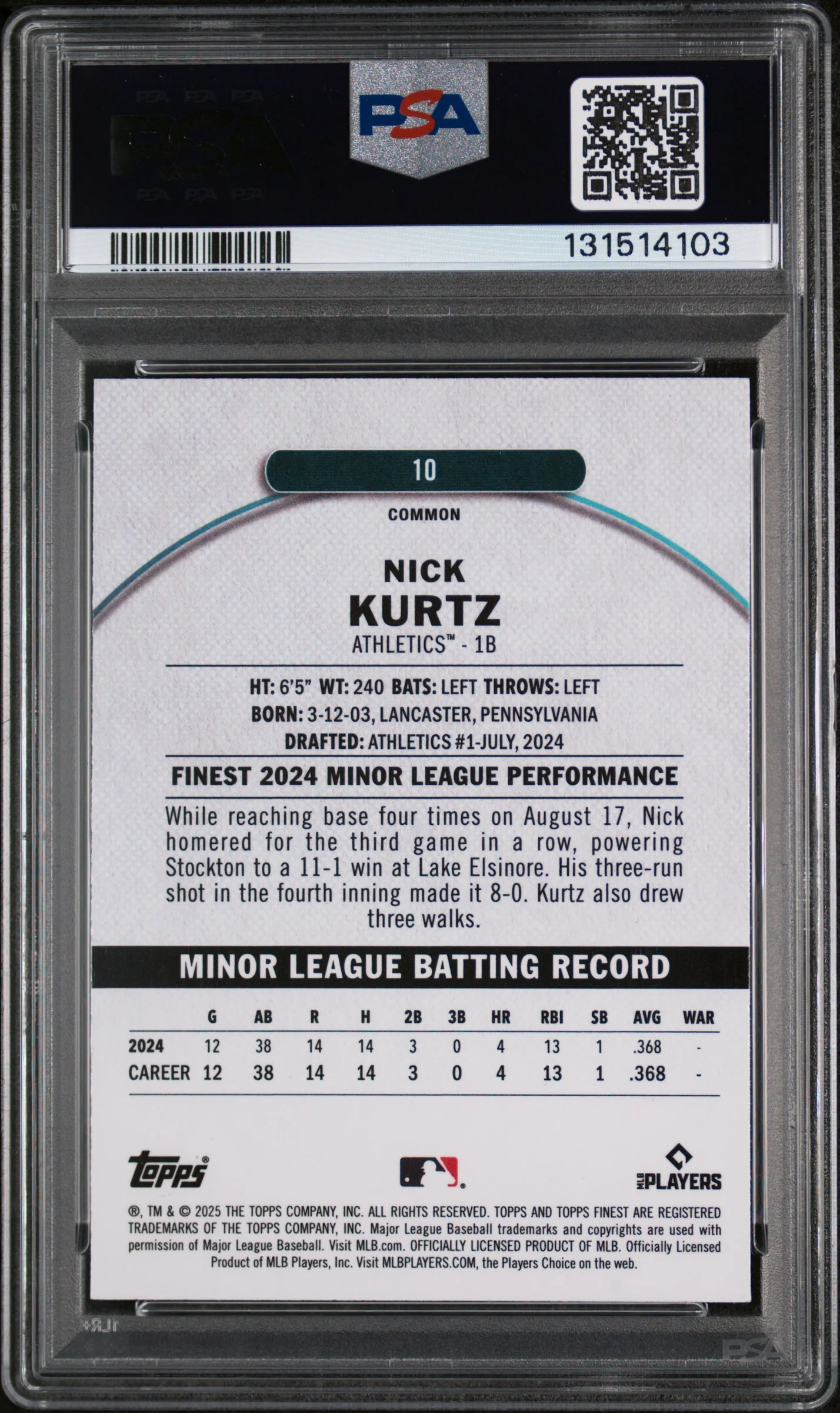 2025 Topps Finest Purple Checkerboard Nick Kurtz #10 /150 PSA 10 - Image 2