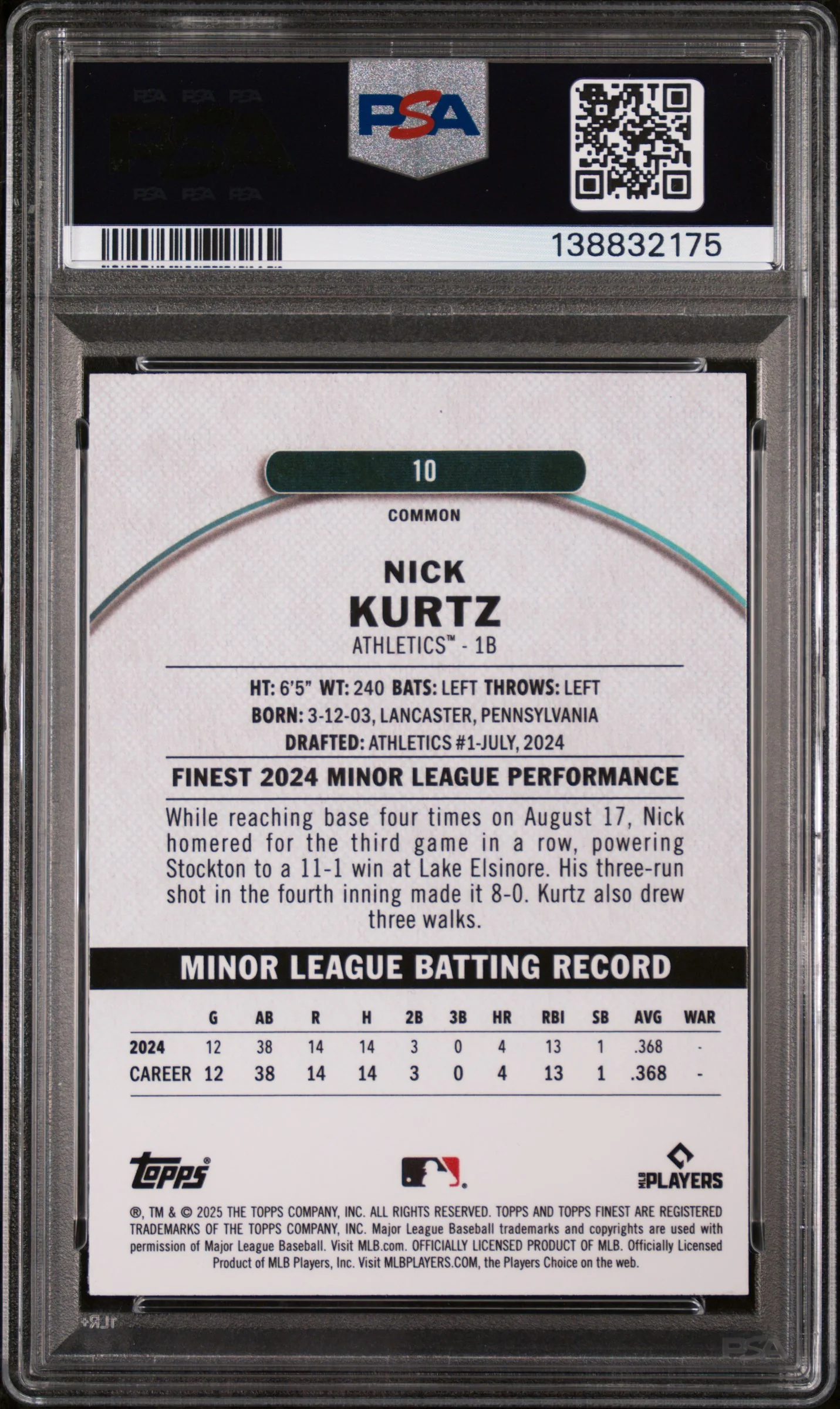 2025 Topps Finest Sky Blue Refractor Nick Kurtz #10 /325 PSA 10 - Image 2