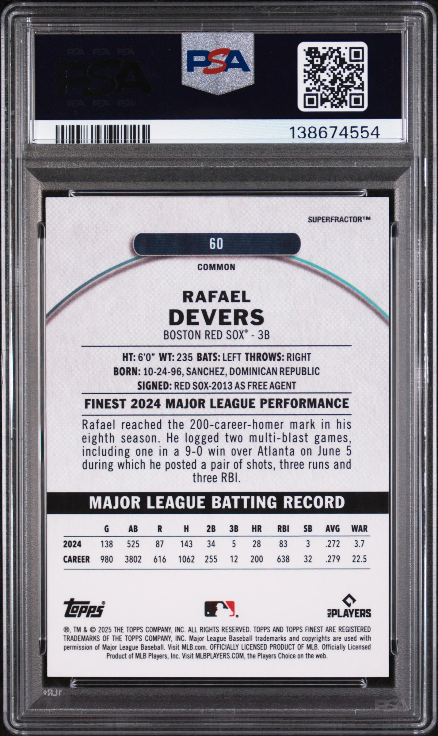 2025 Topps Finest Superfractor 1/1 Rafael Devers #60 PSA 10 - Image 2