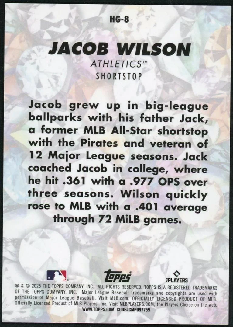 2025 Topps Hidden Gems HG8 Jacob Wilson Citrine /10 - Image 2