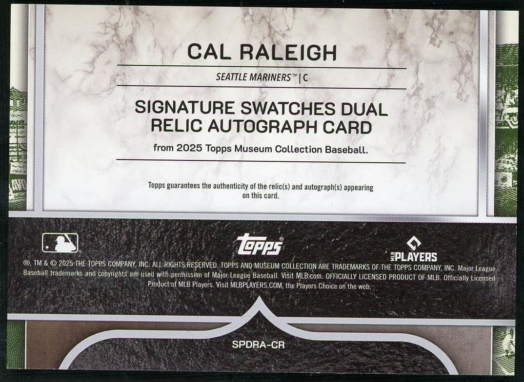 2025 Topps Museum Collection Single-Player Signature Swatches Dual Relic Autographs CR Cal Raleigh - Image 2