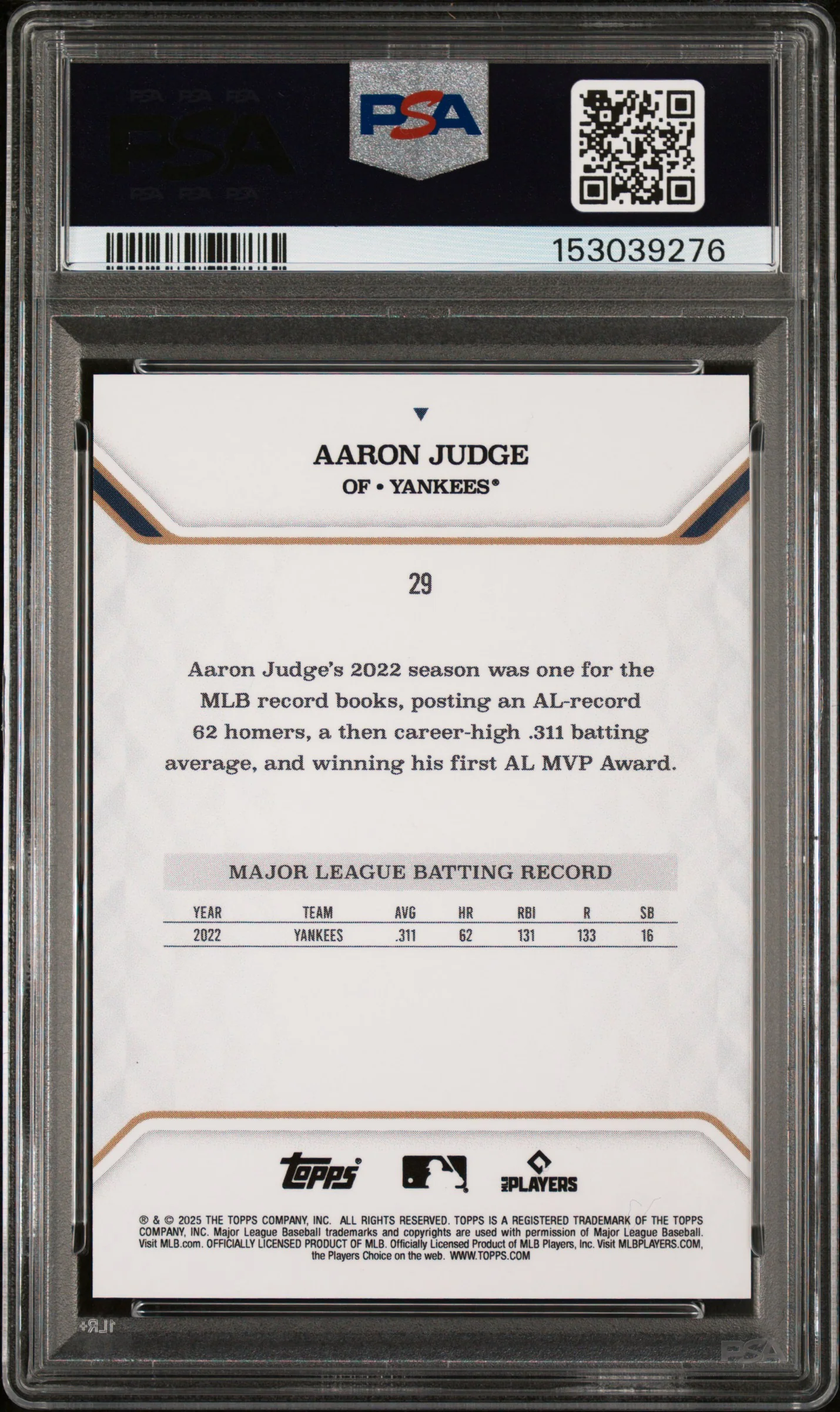 2025 Topps MVP Collection Purple Foil Aaron Judge #29 /75 PSA 10 - Image 2