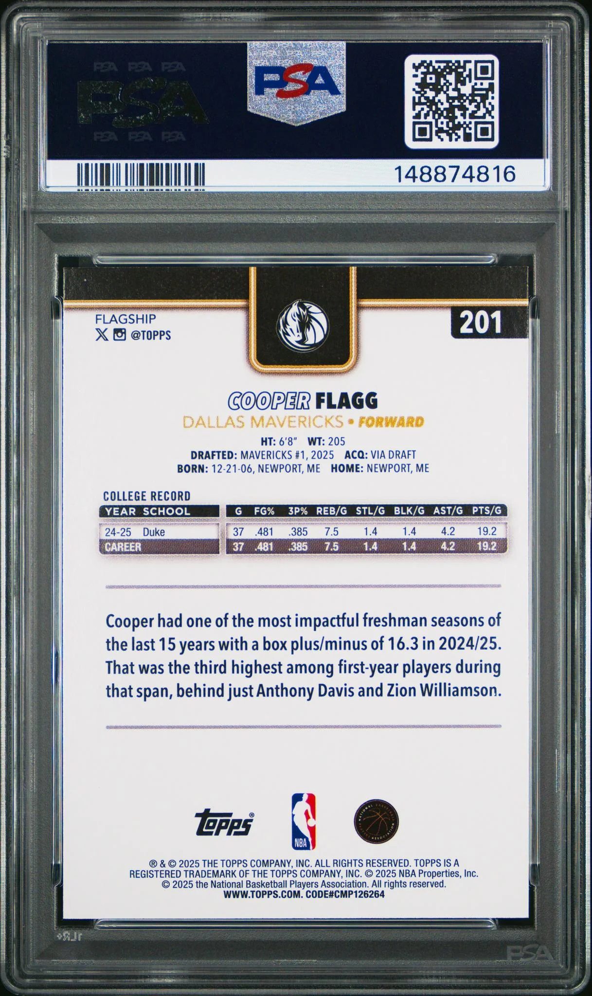 2025 Topps Series 1 Blackout Cooper Flagg #201 PSA 8 - Image 2