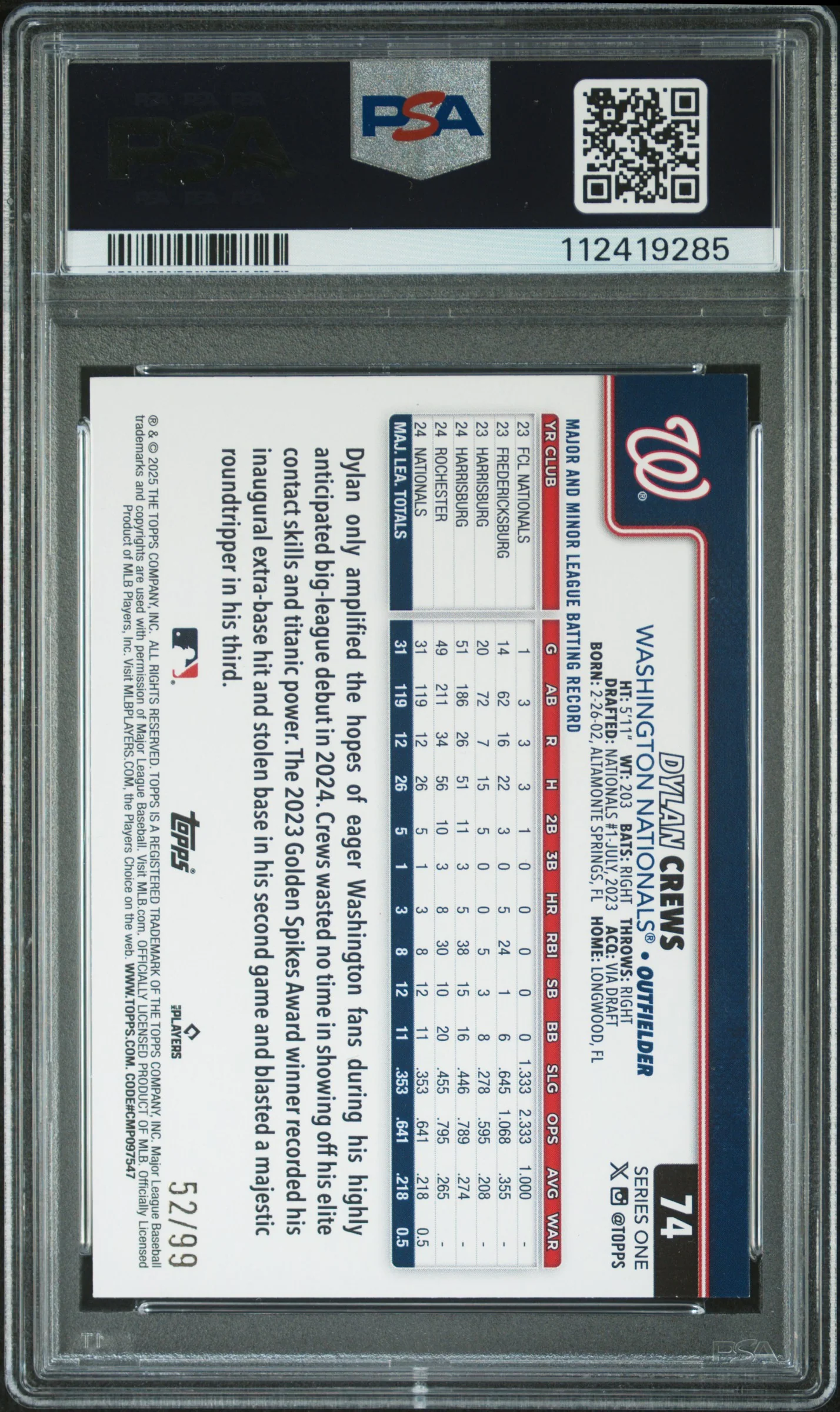 2025 Topps Series 1 Green Rainbow Foil Dylan Crews #74 RC /99 PSA 9 - Image 2