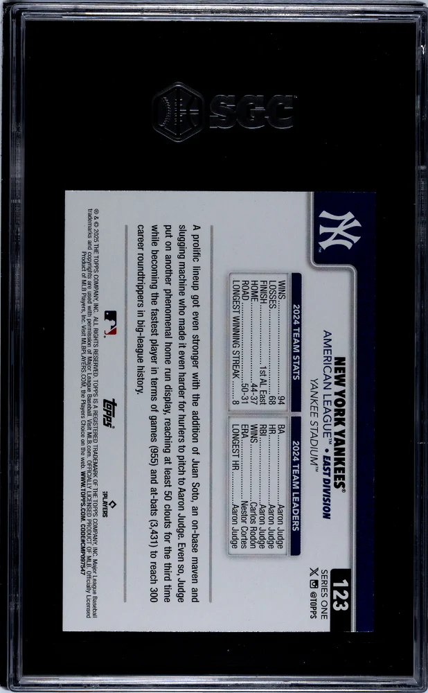 2025 Topps Series 1 New York Yankees #123 SGC 10 - Image 2