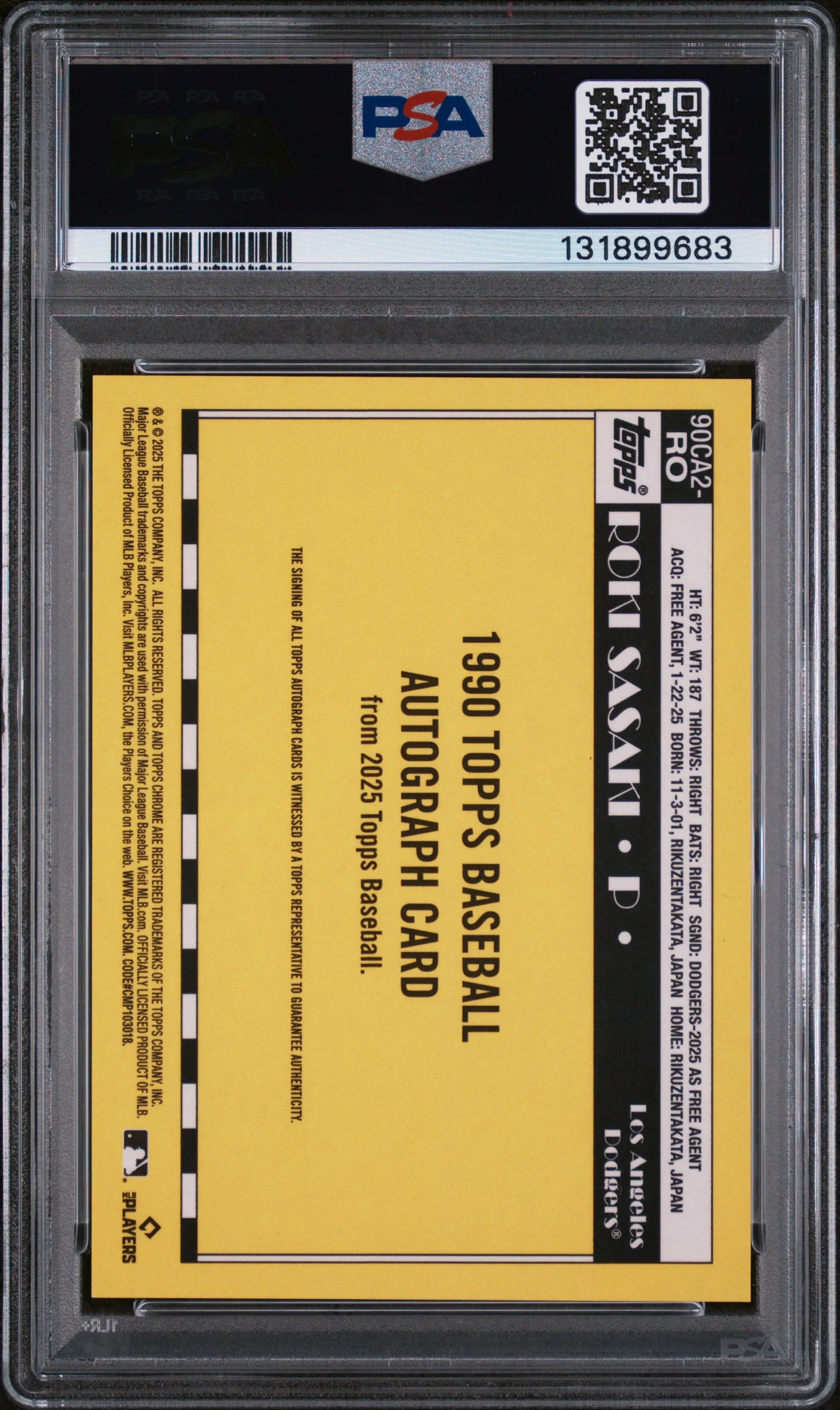 2025 Topps Silver Pack 1990 Chrome Promo Autograph Series 2-Black Roki Sasaki #RO /10 PSA 10 - Image 2