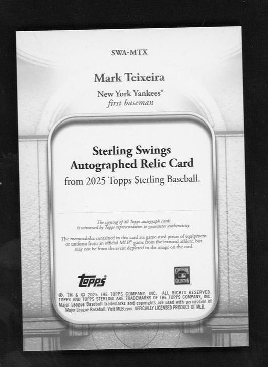 2025 Topps Sterling SWA-MTX Mark Teixeira Sterling Swings /10 VG New York Yankees Auto - Image 2