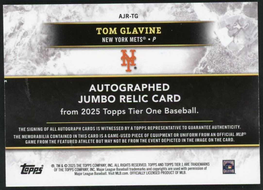 2025 Topps Tier One AJR-TG Tom Glavine Jumbo Relic Card /25 New York Mets Auto - Image 2