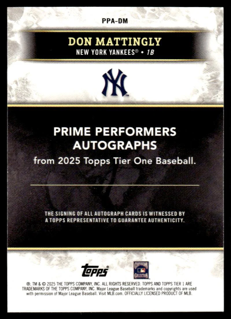 2025 Topps Tier One PPA-DM Don Mattingly Prime Performers Autographs /49 VG New York Yankees - Image 2