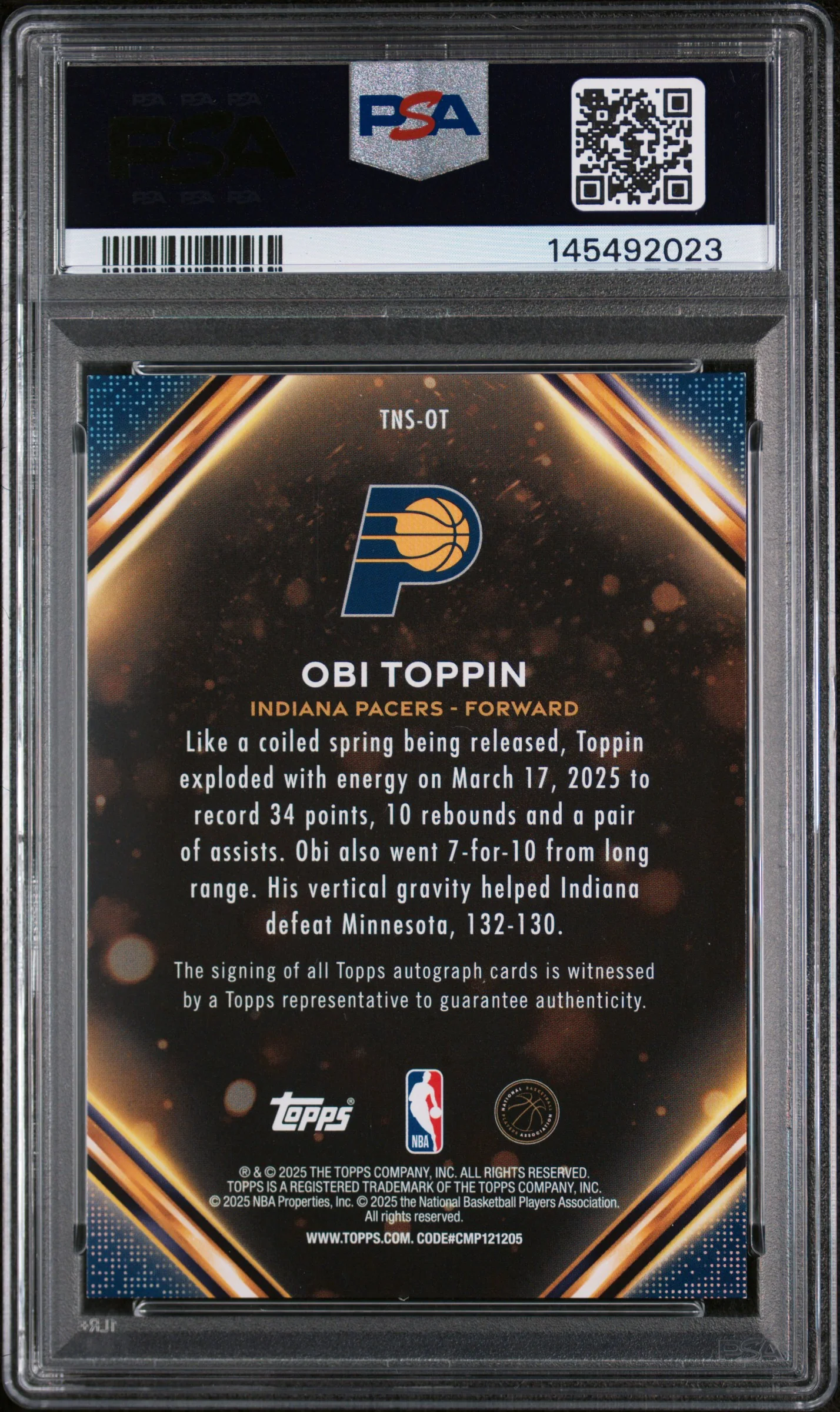 2025 Topps Topps Notch Signatures Gold Holo Foil Obi Toppin #TNS-OT /50 PSA 8 - Image 2