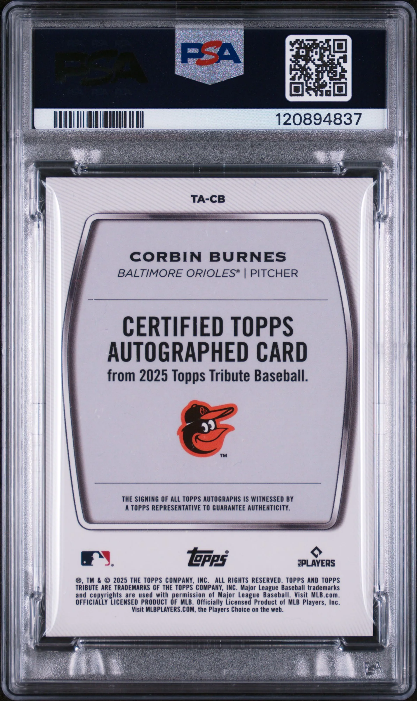2025 Topps Tribute Blue Corbin Burnes #TA-CB Auto /150 PSA 10 - Image 2