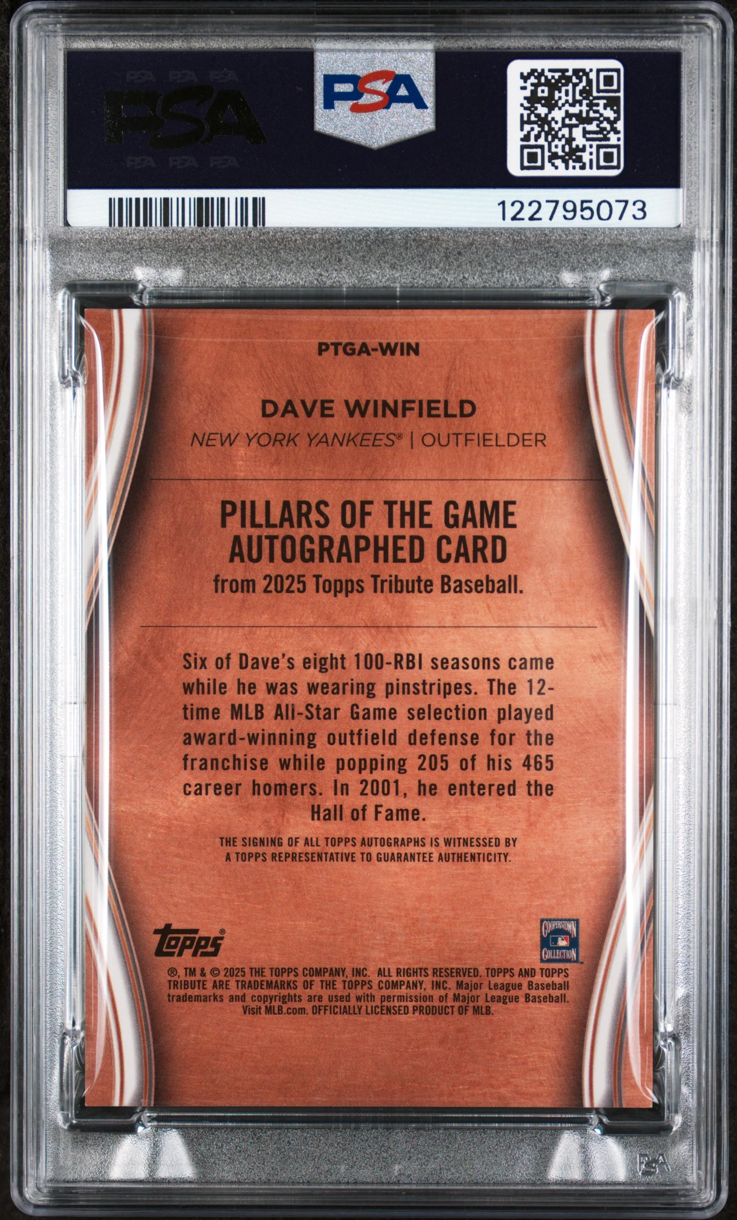 2025 Topps Tribute Pillars of the Game Black Dave Winfield #WIN Auto 1/1 PSA 9 - Image 2