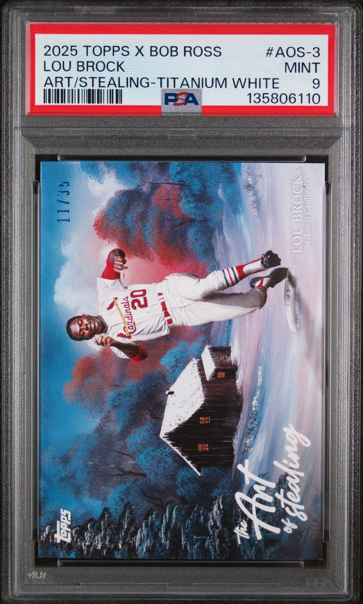 2025 Topps X Bob Ross the Joy of Baseball the Art of Stealing Titanium White Lou Brock #AOS-3 /35 PSA 9