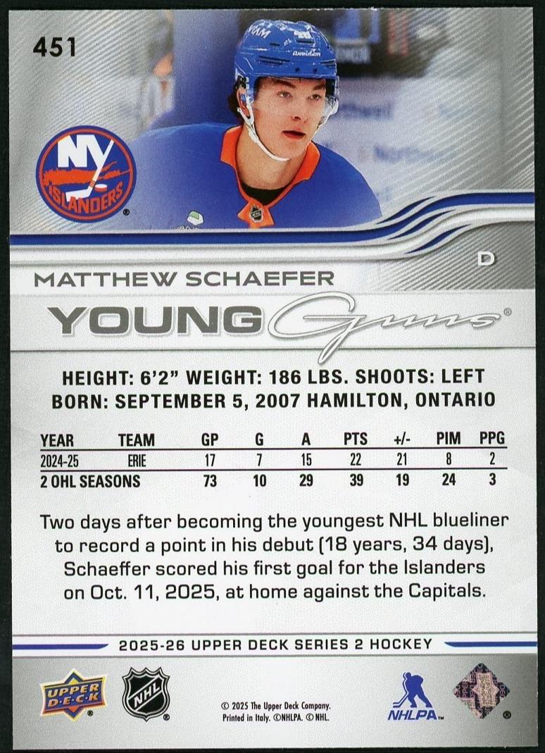 2025 Upper Deck 451 Matthew Schaefer young guns - Image 2