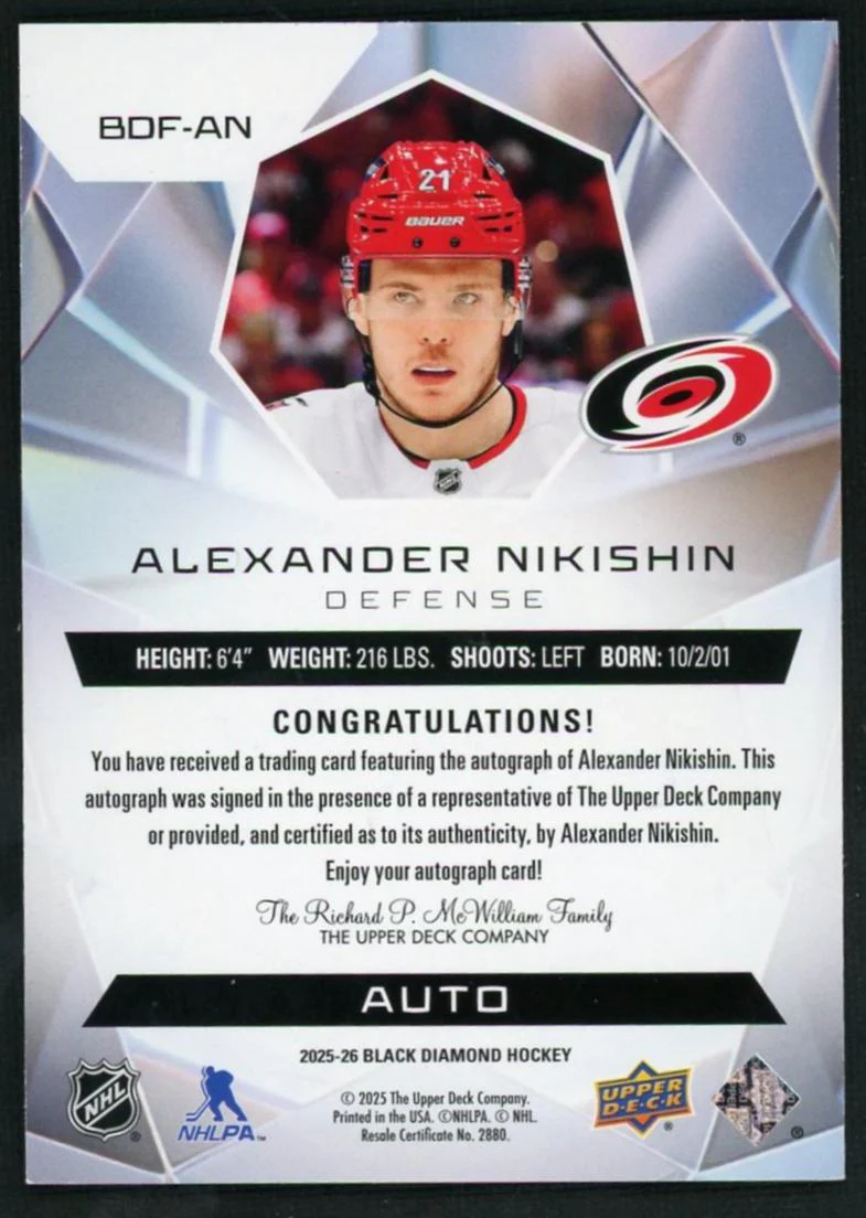 2025 Upper Deck Black Diamond Diamond Futures Alexander Nikishin #BDF-AN Auto - Image 2