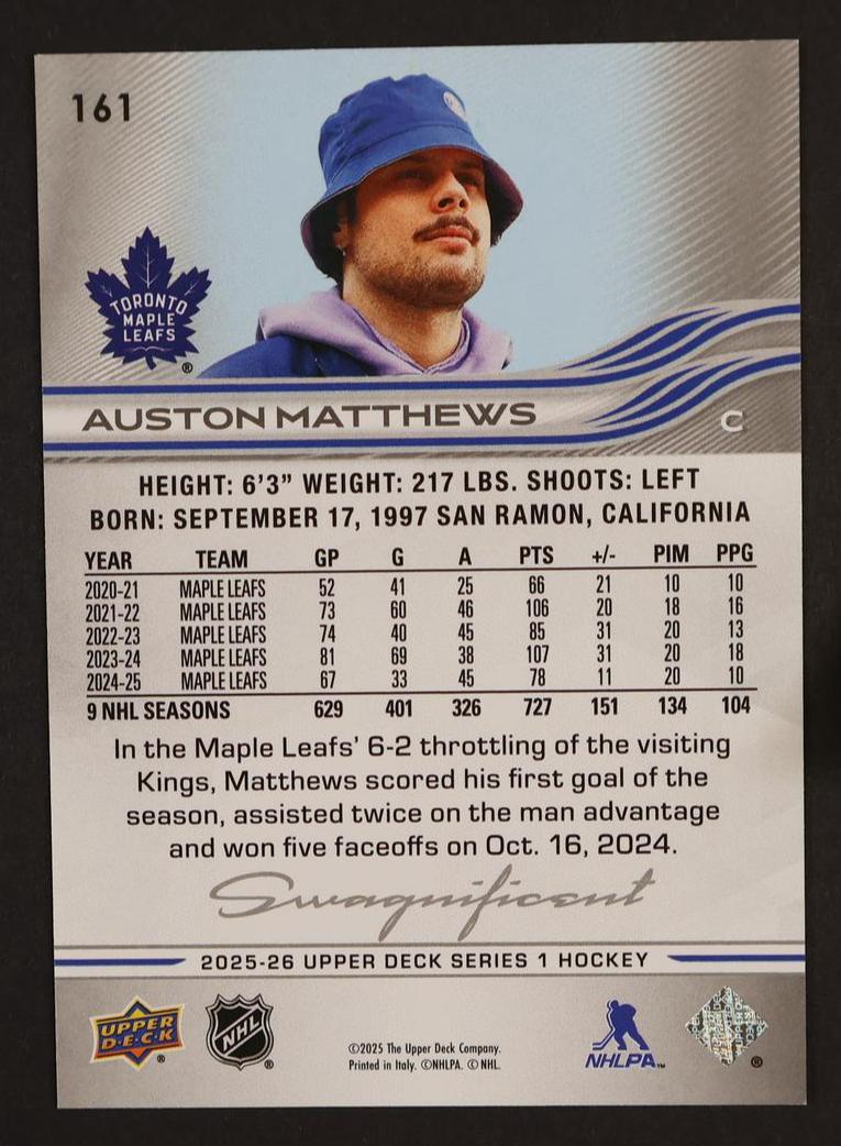 2025 Upper Deck Series 1 Swagnificant Auston Matthews #161 - Image 2