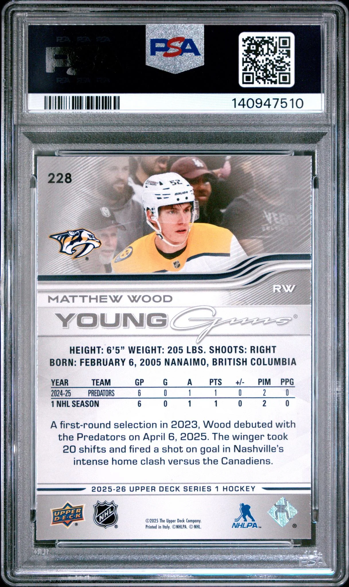 2025 Upper Deck Young Guns Matthew Wood #228 PSA 10 - Image 2