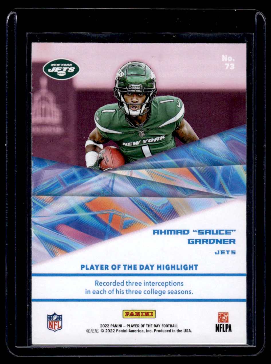 Ahmad Sauce Gardner 2022 Panini Player of the Day Blue Rainbow Foil /25 - Image 2