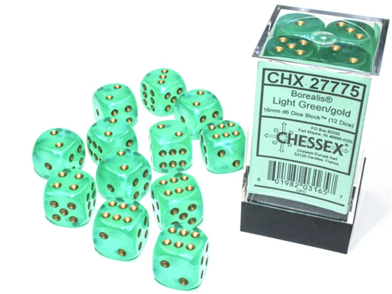 Chessex Borealis 16mm d6 Light Green/gold Luminary Dice Block (12 dice)