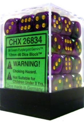 Chessex: Gemini Green-Purple/Gold 12Mm D6 Dice Block