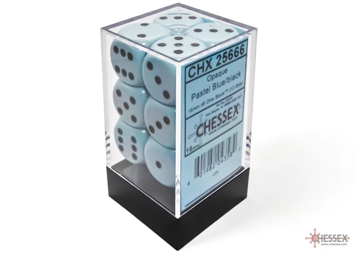 Chessex Opaque 16mm d6 Pastel Blue/black Dice Block(12 dice)