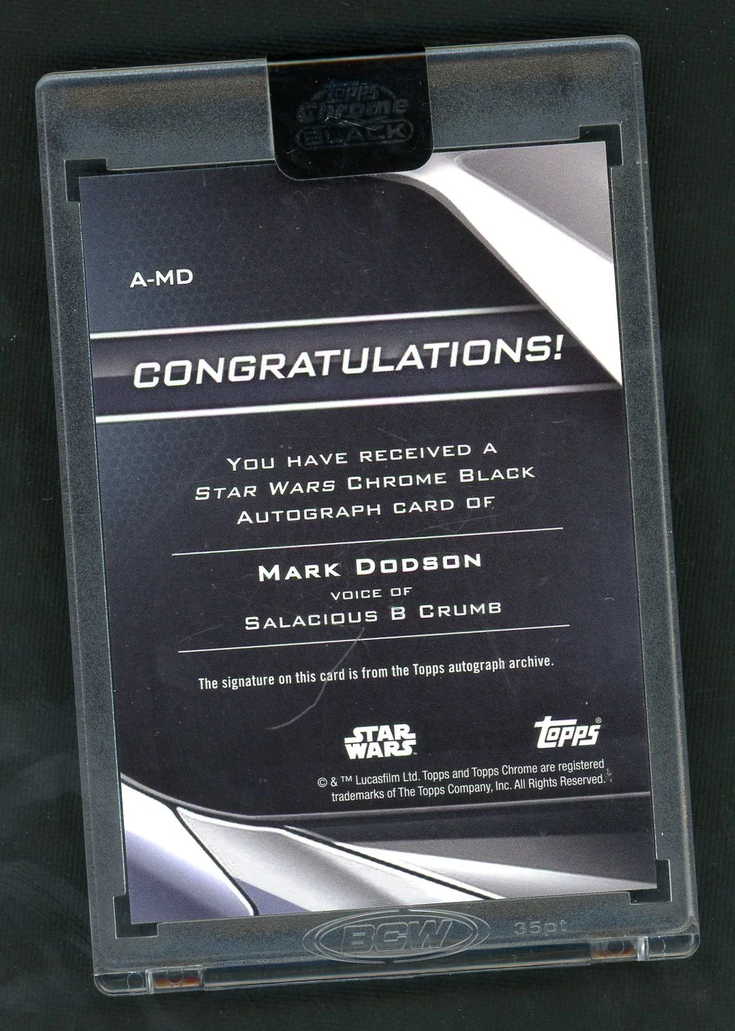 MARK DODSON AUTOGRAPH 2023 STAR WARS TOPPS CHROME BLACK SALACIOUS B CRUMB - Image 2