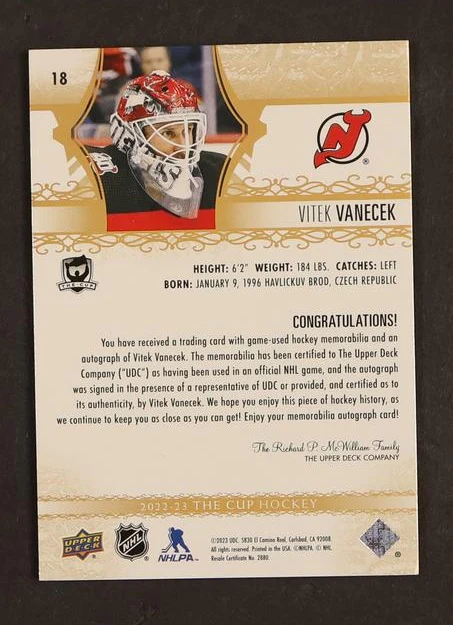 2023 Upper Deck Company The Cup #18 Vitek Vanecek patch Auto /8 - Image 2
