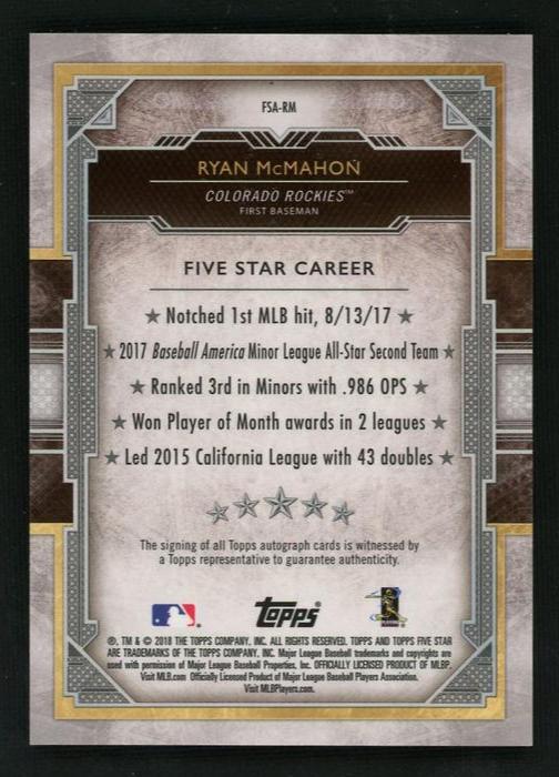 Topps Five Star FSA-RM Ryan McMahon Rookie Colorado Rockies Auto - Image 2